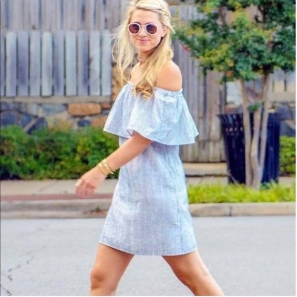 J.crew Striped Blue & White Off shoulder Dress boho Beachy Leisure relaxed Fit - Picture 4 of 9